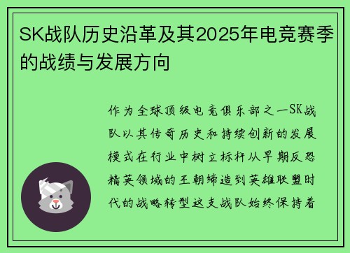 SK战队历史沿革及其2025年电竞赛季的战绩与发展方向