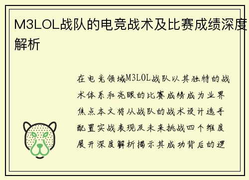 M3LOL战队的电竞战术及比赛成绩深度解析