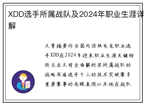 XDD选手所属战队及2024年职业生涯详解
